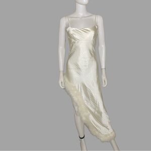 Cream Asymmetrical‎ Satin Spaghetti Strap Dress with Faux Fur Detail